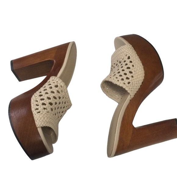 Veronica Beard Guadalupe Woven Leather Wooden-Heel Mules in Shell Women’s Size 8 - Picture 3 of 11